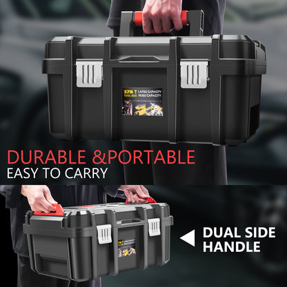 Tool Box Set 2-Piece Lockable - Large Capacity Portable Toolbox Organizer with Removable Tray, Double Lock Buckle, Hard Plastic, 17" x 13" x 18.5" - For Workshop, Garage, Car Trunk & Household Storage