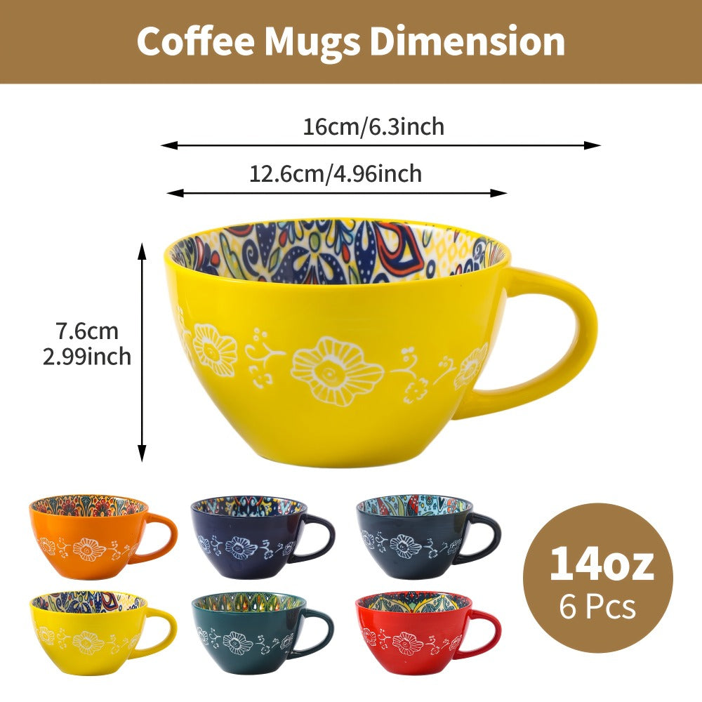 Bohemian Ceramic Coffee Mugs Set of 6 – 15 Oz Large Capacity Breakfast Mug – Microwave Safe for Hot & Cold Drinks – Unique Boho Drinkware Gift for Halloween, Thanksgiving & Christmas