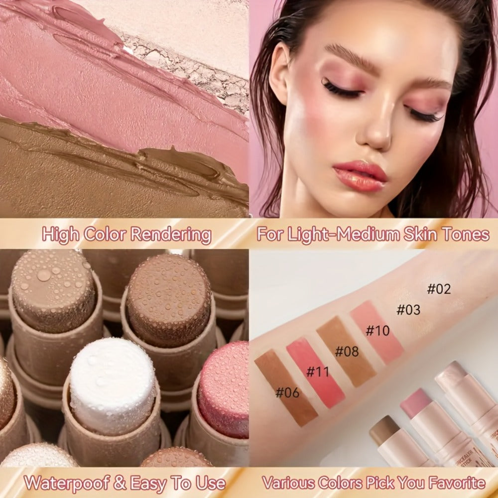 Cream Contour Stick Set 3-in-1 with Blush Highlighter & Bronzer — Squalane Non-Greasy water-resistant extended-wear Sculpting Kit, Matte &