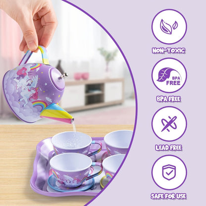 Purple Unicorn Tin Tea Set in Carry Case with Teapot, Four Cups, Four Saucers and Five Plates
