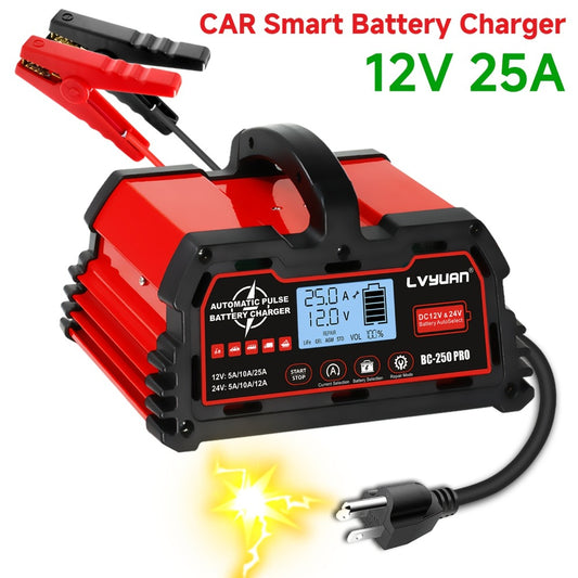 Smart Battery Charger 12V 25A 24V 12A 8-Stage Trickle Charger with Temperature Compensation for LiFePO4 Lead Acid Car Truck Motorcycle Boat Batteries