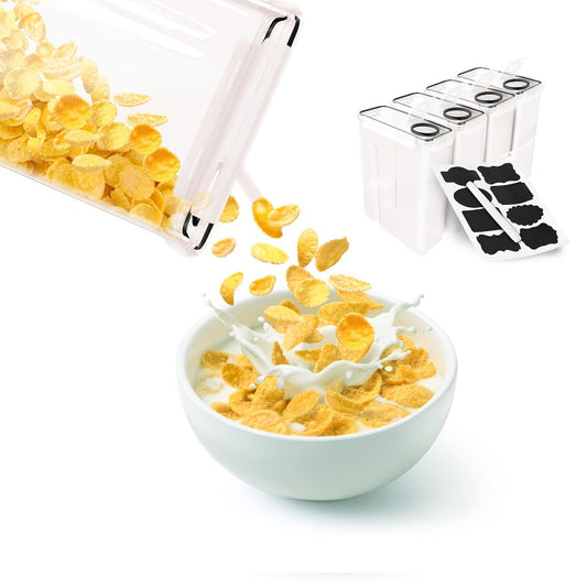 Food Storage Containers Four-Piece Clear Cereal Canister Set with Clip-On Lids and 4-Liter Capacity Each