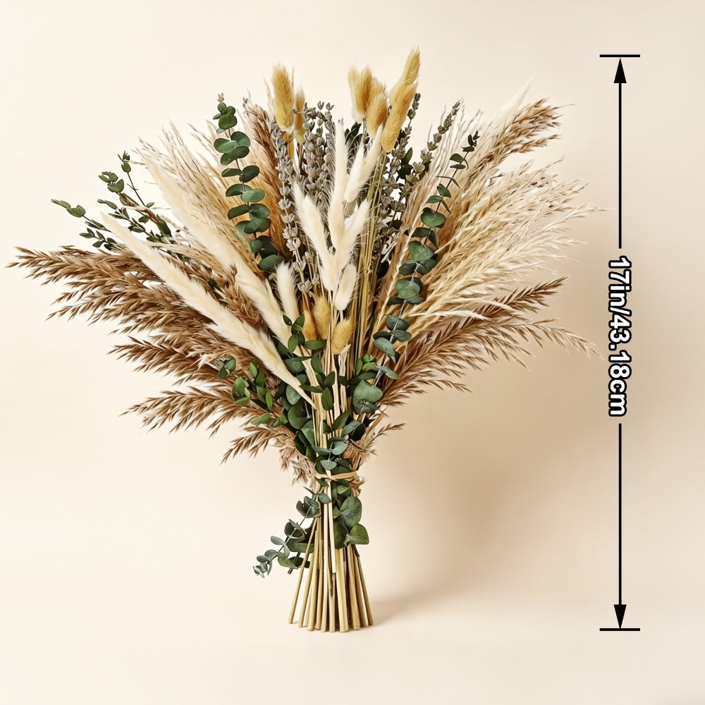 Boho Pampas Grass Dried Flower Arrangement, Lavender Eucalyptus Bouquet with Gemstone Accents for Home Decor
