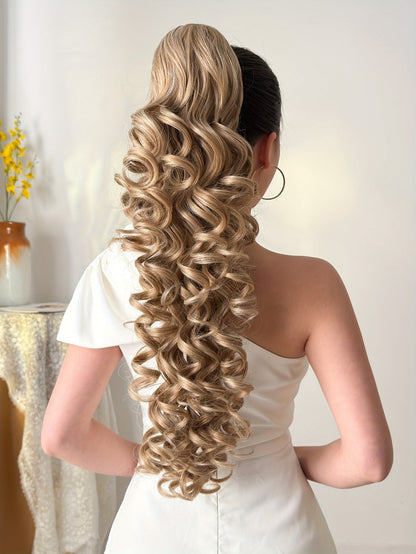 Curly Ponytail Extension 28 Inch Long Heat Resistant Synthetic Clip In Wrap Around Hairpiece Voluminous Bouncy Curls 4 Styles for Women Everyday Parties Festivals