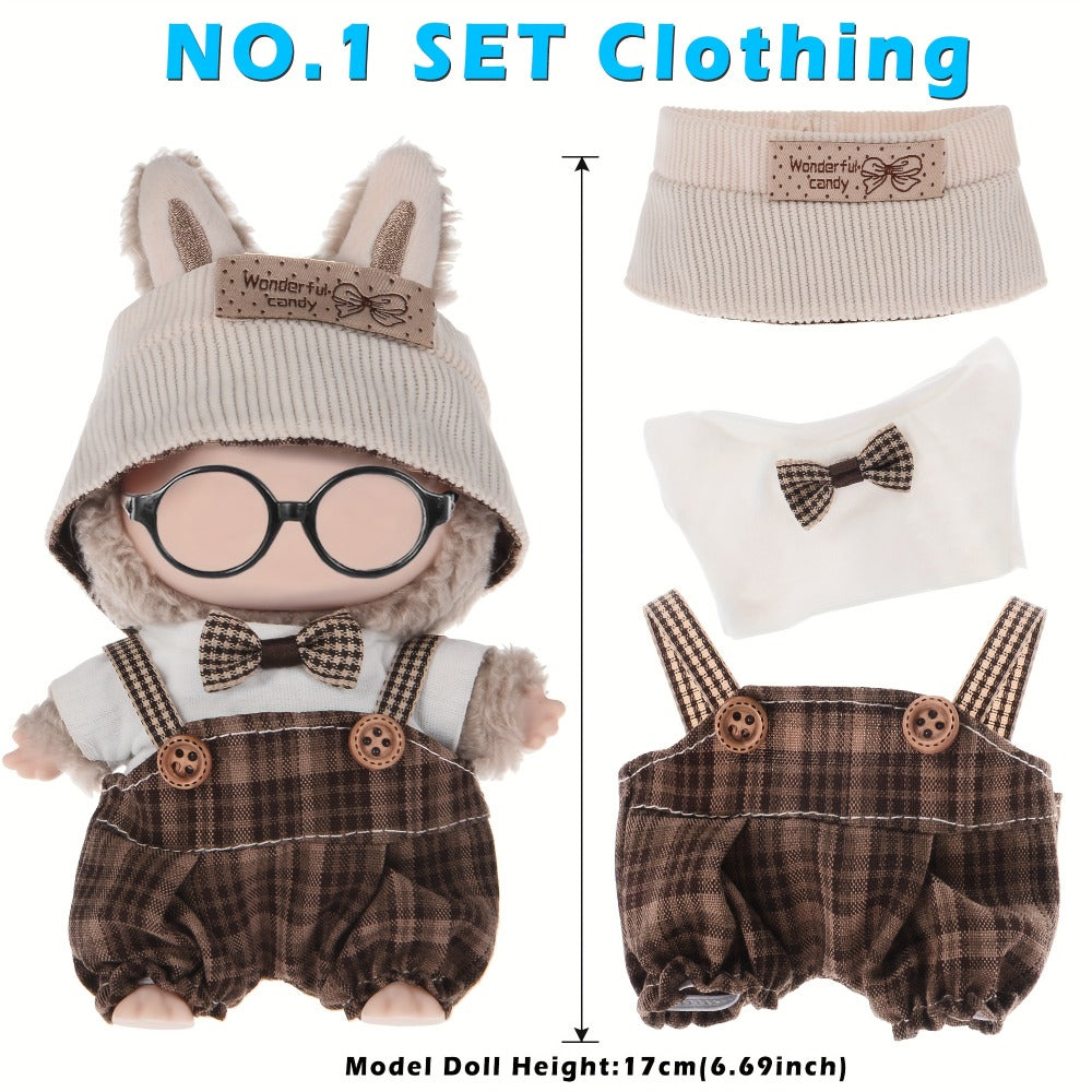 Six-Outfit Doll Clothes Set for 17cm Mini Dolls with Coordinated Tops, Shorts, Skirts, Overalls and Hats