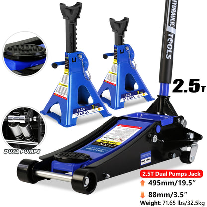 Hydraulic Floor Jack Kit 2/2.5/3 Ton Low Profile Trolley Jack with Jack Stands, Tire Repair Kit, Wheel Wrench & Wheel Chock Combo - Red/Blue