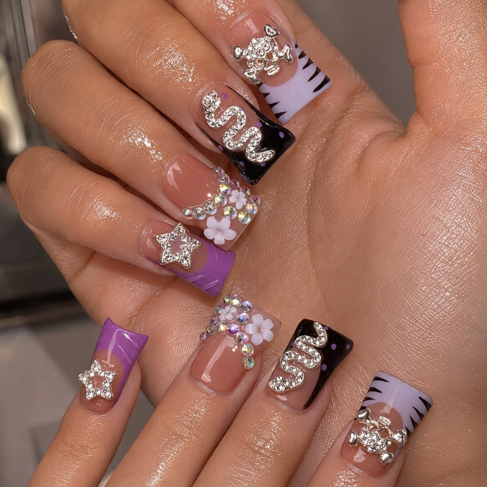 Leopard Skull Press On Nails Short Duckbill 10pcs – Handmade Rhinestone Zebra Bowknot Snake Acrylic Nail Kit with Tools | Edgy Party Daily Wear Nail Art for Women S M L 2026 Trends