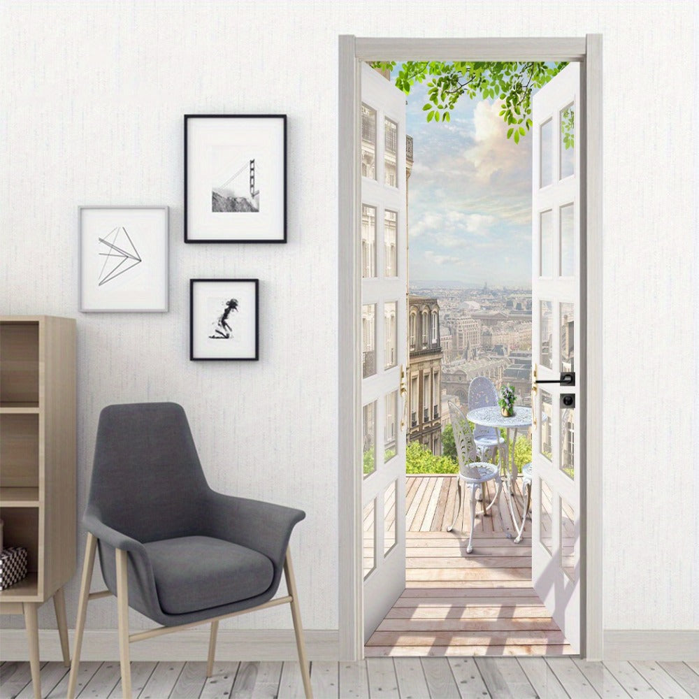 Balcony-View Door Mural Panel Set with Two 17.7-Inch Sheets and 35.43 x 78.74-Inch Final Scene