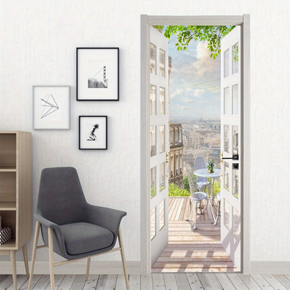 Balcony-View Door Mural Panel Set with Two 17.7-Inch Sheets and 35.43 x 78.74-Inch Final Scene