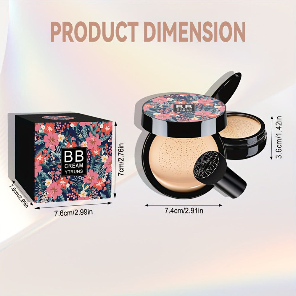 Floral Compact Air Cushion Foundation with Mushroom Puff Applicator and Ivory, Natural or Dark Shades