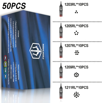 Round Liner Tattoo Cartridge Needles 50pcs Assorted - #10 Bugpin & #12 Standard 3RL 5RL 7RL 9RL 11RL Long Taper Membrane Safety EO Sterilized, for Fine Line Script PMU & All Rotary Tattoo Machines V2
