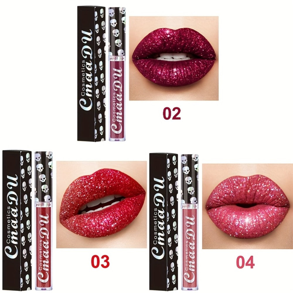 Three-Piece Skull-Design Glitter Lip Gloss Set with Nine Exact Color Combination Checkout Options