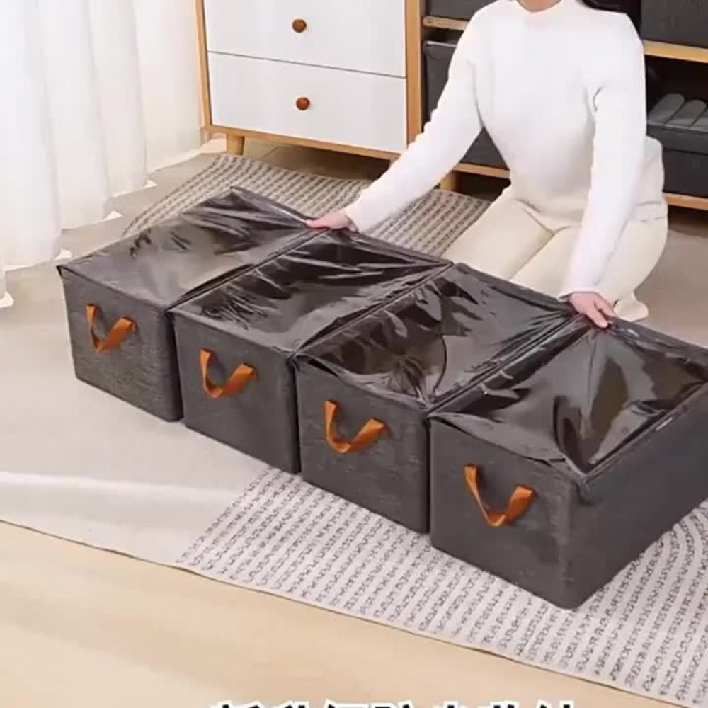 Foldable Fabric Storage Bins with Clear Top Lids and Handles in Four- or Six-Piece Color Sets