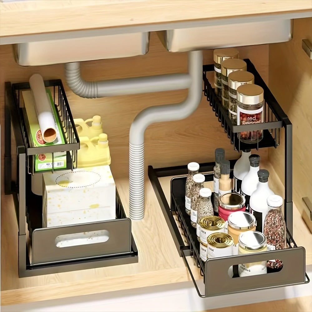 Under Sink Organizer with Sliding Pull-Out Shelf – 2-Tier Metal Cabinet Storage Rack for Kitchen, Bathroom, Pantry & Closet Organization, 1-Pack or 2-Pack