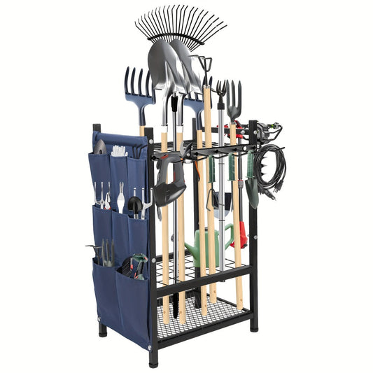 Tool Storage Rack with Storage Bag – Metal Yard Tool Organizer for Garage Holds 35 Long-Handled Tools, Broom, Shovel, Rake Stand Holder, Heavy Duty Freestanding Garden Tool Rack for Outdoor & Yard, Black