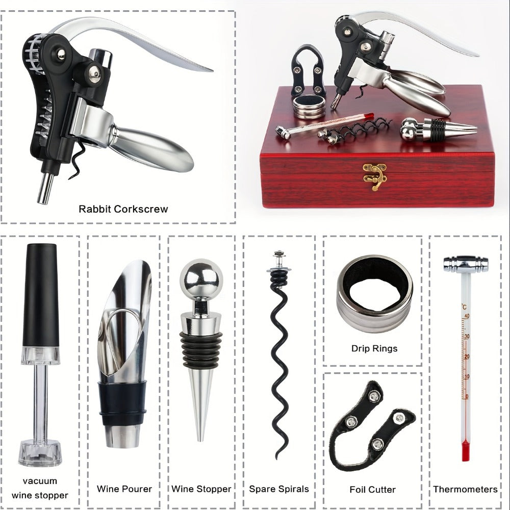 Wine Opener Kit 10pcs Stainless Steel Bottle Opener Gift Set with Wood Case - Beer Wine Accessories Bar Tool Set for Men Women Valentine's Day Birthday Housewarming Gift