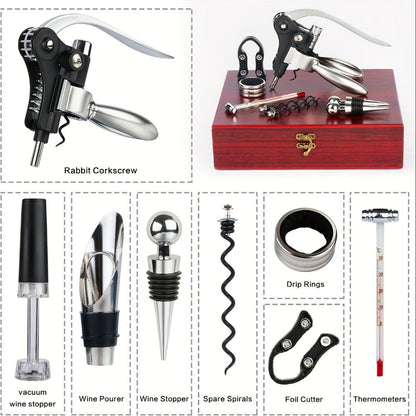Wine Opener Kit 10pcs Stainless Steel Bottle Opener Gift Set with Wood Case - Beer Wine Accessories Bar Tool Set for Men Women Valentine's Day Birthday Housewarming Gift