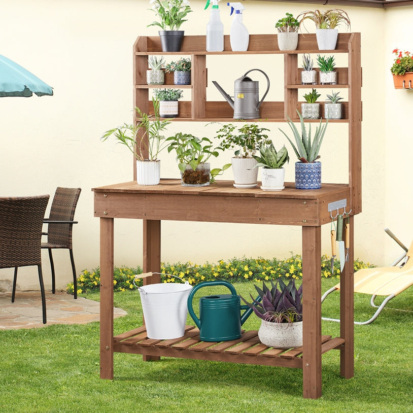 Potting Bench Table Fir Wood Iron Frame Switchable Top Integrated Sink 3-Tier Display Rack Storage Shelf Hanger Waist-High Garden Workstation Outdoor Brown
