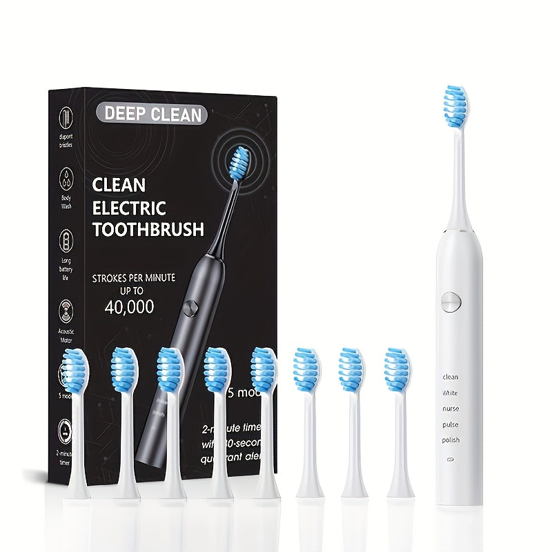 Electric Toothbrush with Five Modes, 40,000 Vibrations per Minute, Type-C Charging and Four or Eight Heads