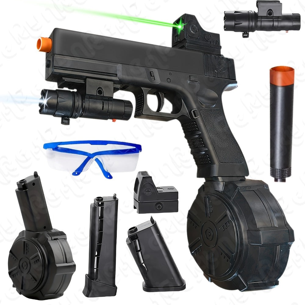 Black Electric Gel Blaster Set with Three Magazine Styles, Sight, Flashlight, Goggles and Charging Cable