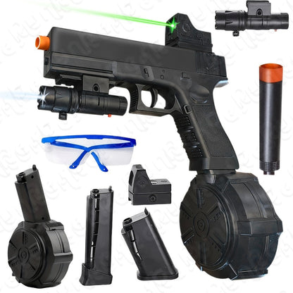 Black Electric Gel Blaster Set with Three Magazine Styles, Sight, Flashlight, Goggles and Charging Cable