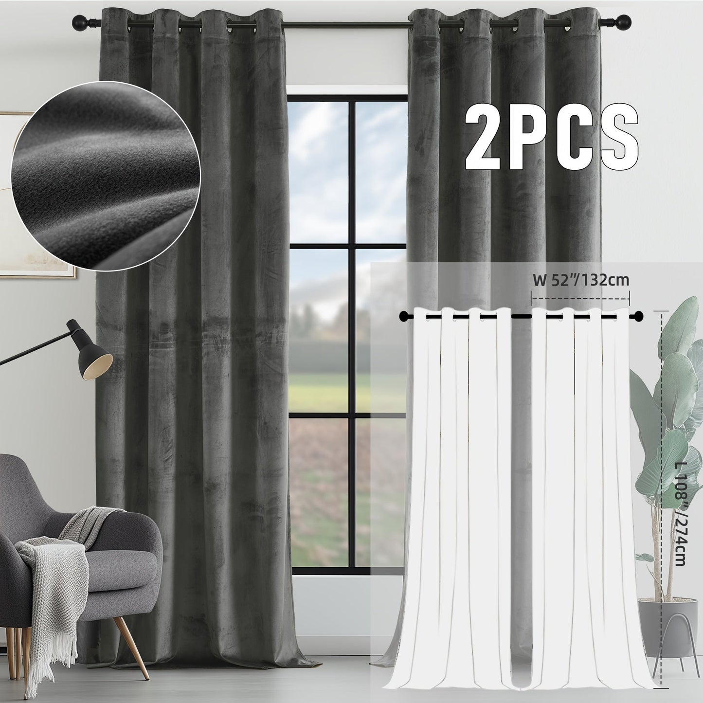 Velvet Room Darkening Curtains 2 Panels | Grommet Top Thermal Insulated Soundproof Blackout Curtains for Living Room Bedroom, Soft Solid Color Vintage Window Drapes