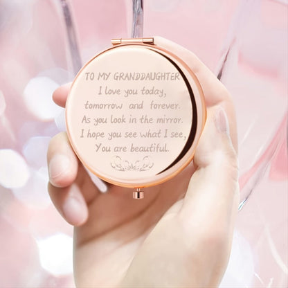 Engraved Granddaughter Compact Mirror with Regular and Magnifying Sides in a Rose-Gold Tone Gift Case