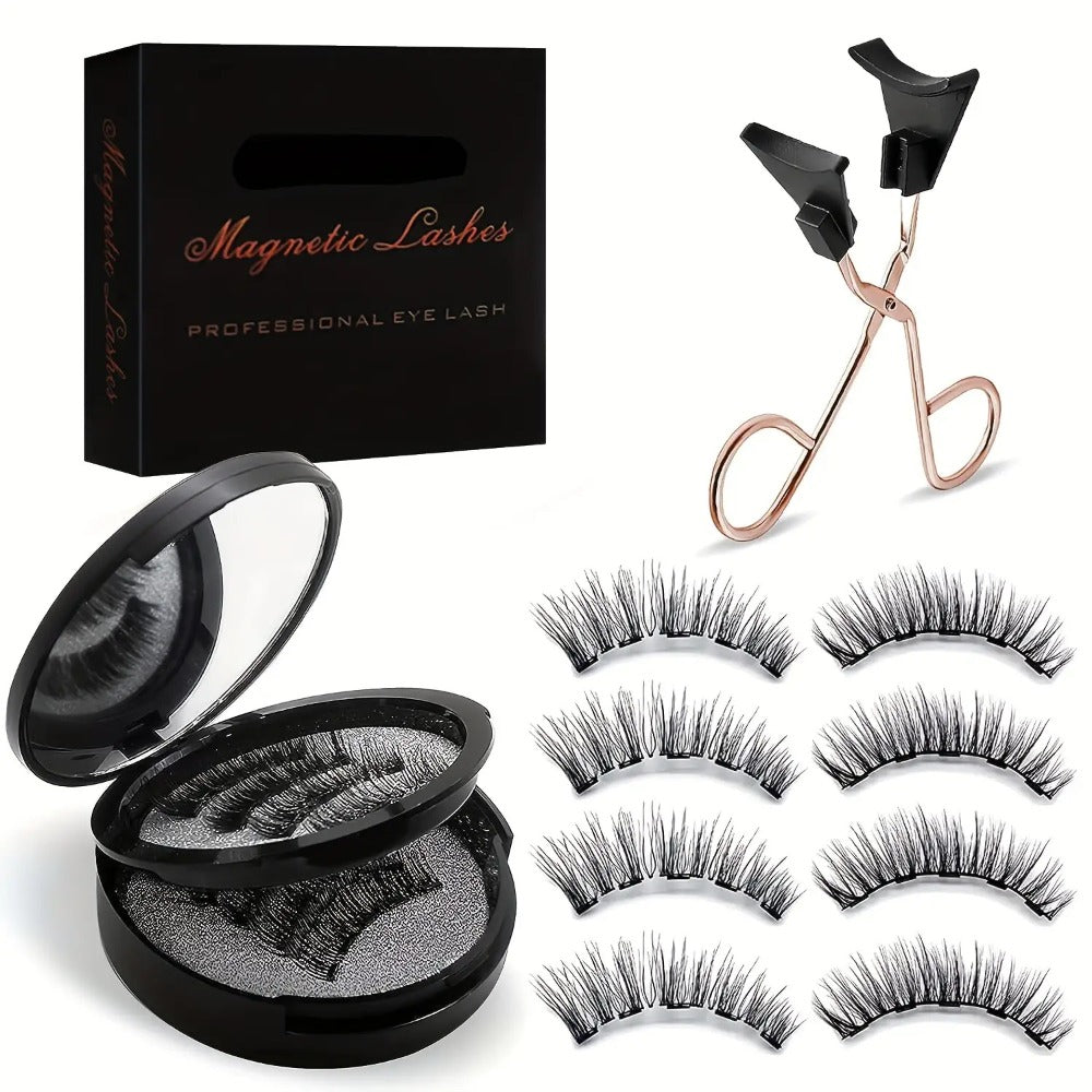 Black Double-Strip Magnetic False Eyelash Set with Round Storage Case and White Applicator