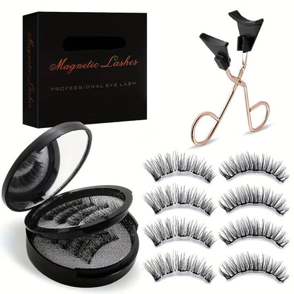 Black Double-Strip Magnetic False Eyelash Set with Round Storage Case and White Applicator