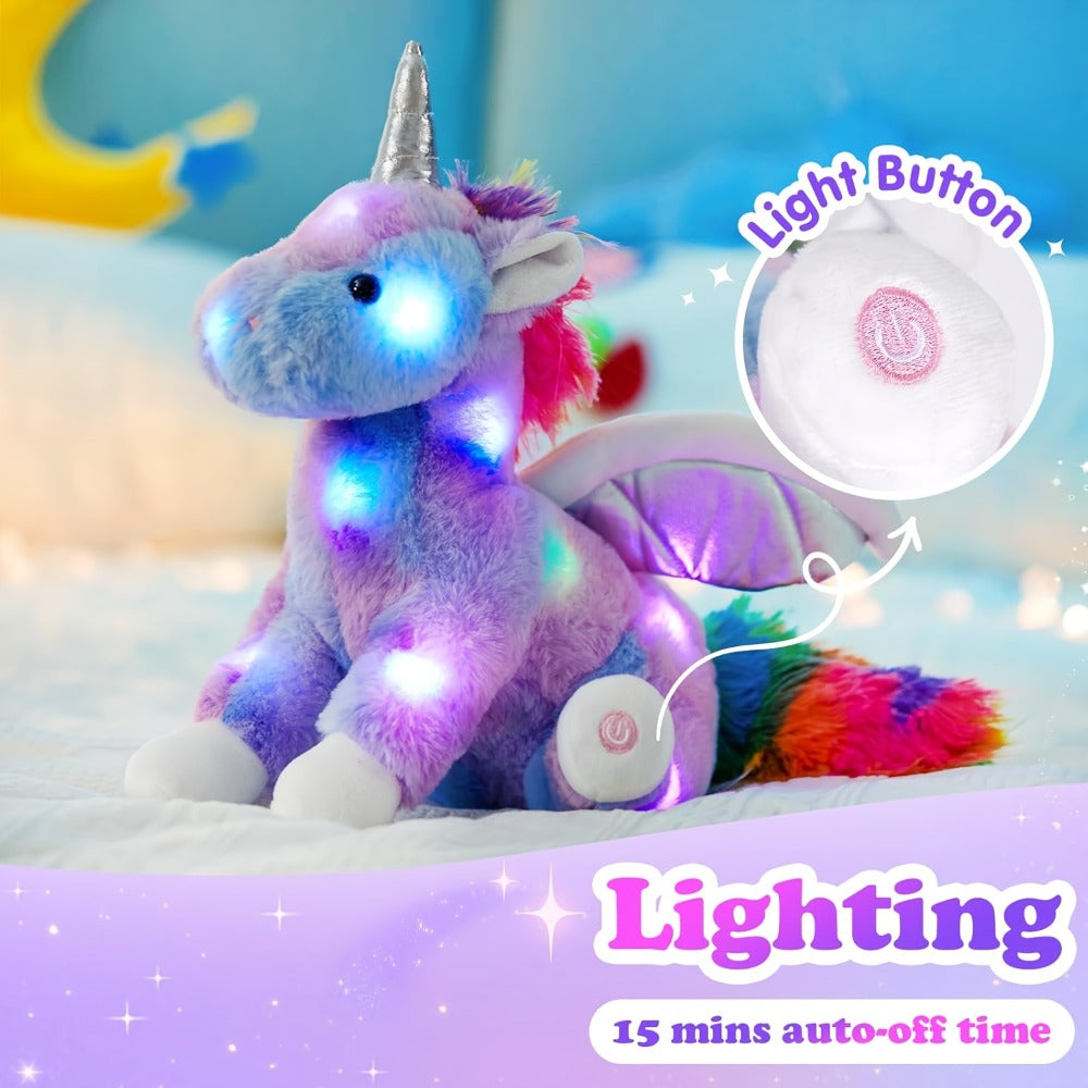 Plush Toy Rainbow Unicorn with LED Glow and Choice of Music or No-Music Light-Up choices for Bedtime