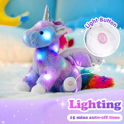 Plush Toy Rainbow Unicorn with LED Glow and Choice of Music or No-Music Light-Up choices for Bedtime