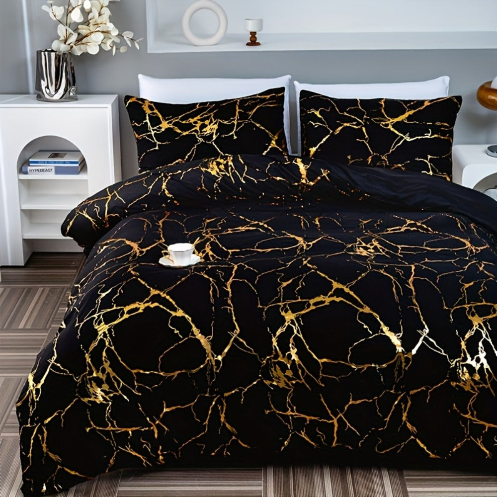 3-Piece Duvet Cover Set with Bronzed-Look Marble Vein Print in White, Khaki or Black and Four Sizes