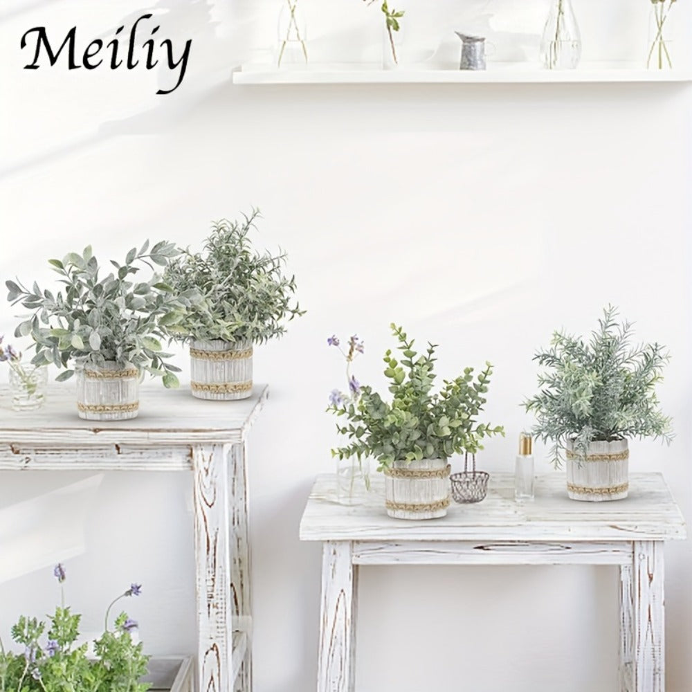 Mini Artificial Potted Plants 4 Pack – Realistic Fake Greenery in White Pots for Home, Office & Party Decor | No Watering Needed Low-Maintenance Indoor Outdoor Faux Plant Set | Housewarming Gift