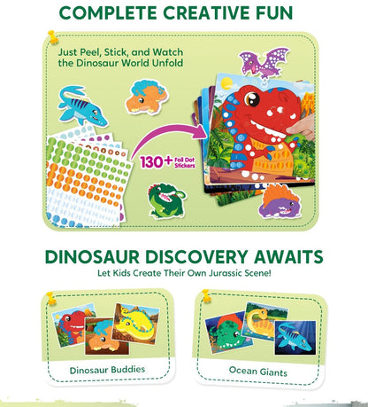 Dinosaur Dot Sticker Art Kit for Kids – 12 Picture Canvases & 1400+ Dot Stickers No Mess Creative Activity, Travel Toy Arts Crafts Birthday Gift Boys Girls Ages 3-8