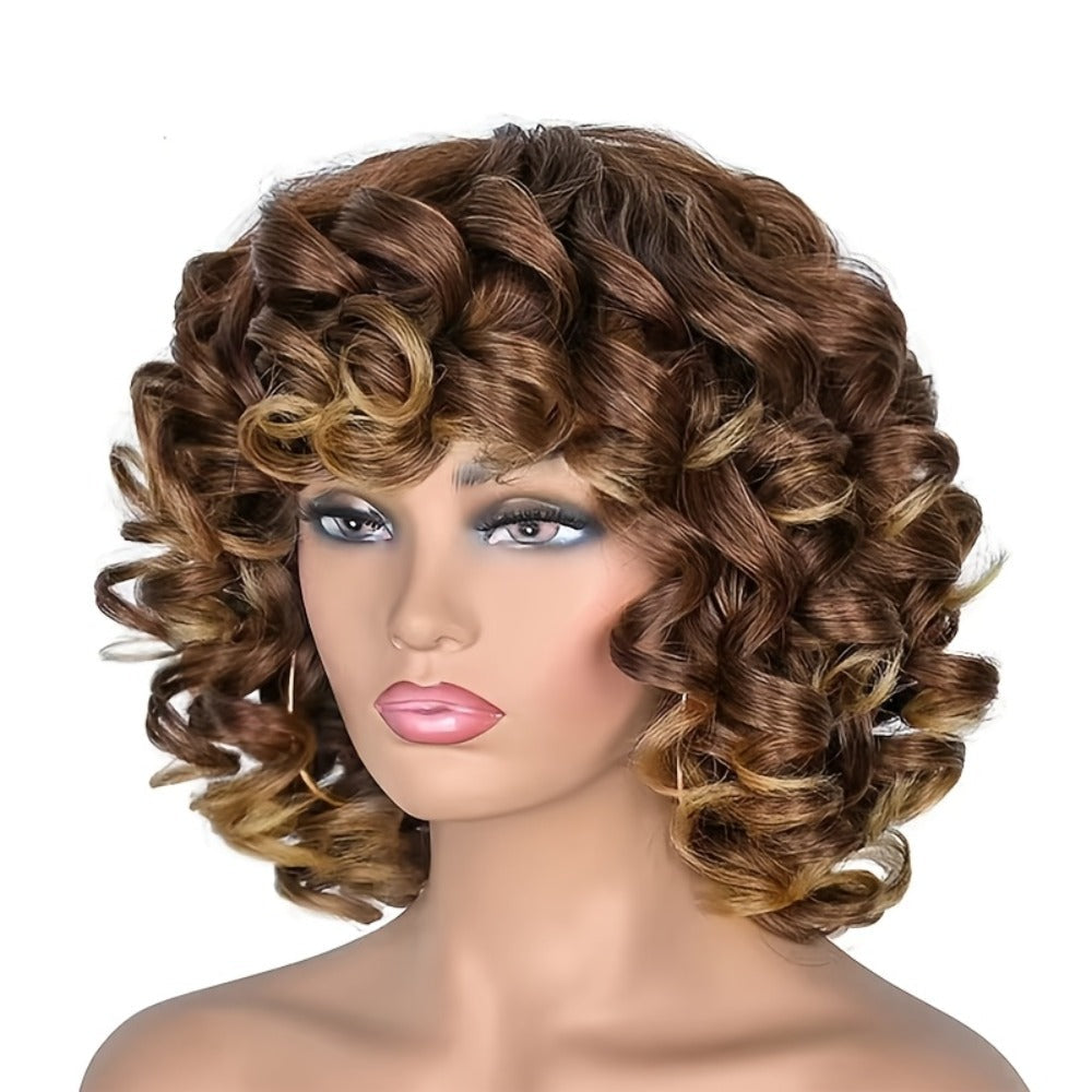 Kinky Curly Afro Wig with Bangs 14 Inch Synthetic Ombre 2 Tone Black Brown Golden Natural Volume | Daily Wear Hair Replacement Wig for Black Women