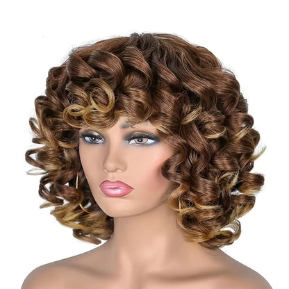 Kinky Curly Afro Wig with Bangs 14 Inch Synthetic Ombre 2 Tone Black Brown Golden Natural Volume | Daily Wear Hair Replacement Wig for Black Women