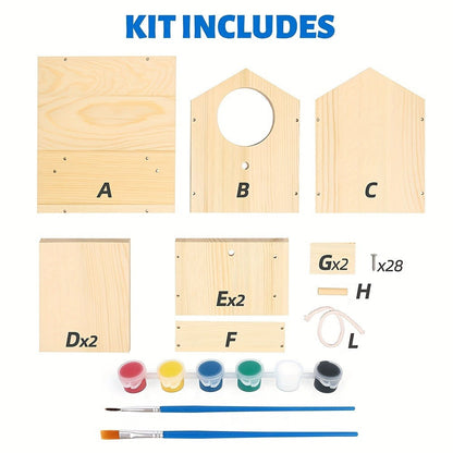 Wooden Birdhouse Build and Paint Craft Kit with Panels, Fasteners, Paints and Brushes in One or Two Packs