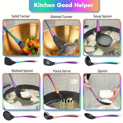 Silicone Cooking Utensils Set 17 Piece Rainbow Titanium with Rotating Holder - Heat Resistant Non-Stick Spatulas