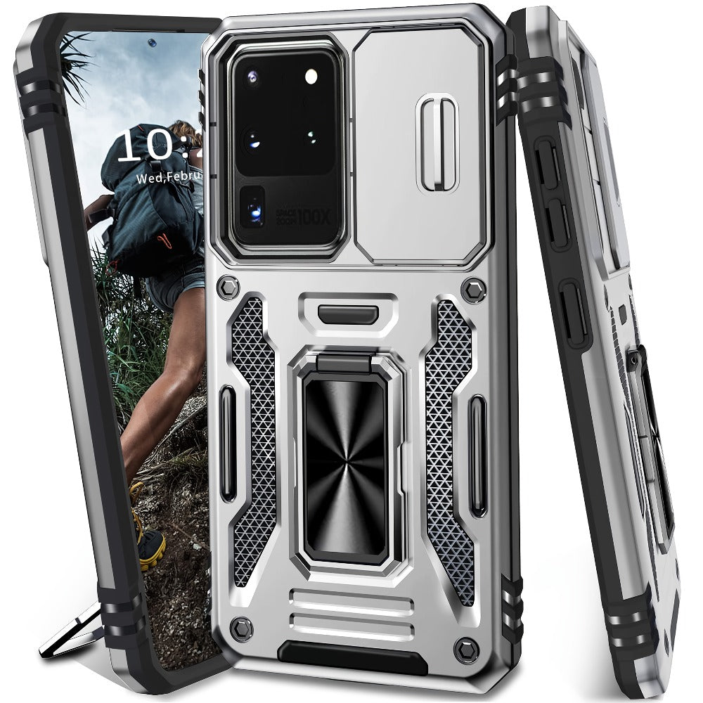 Samsung Galaxy Shockproof Magnetic Phone Case with 360° Rotating Ring Bracket & Sliding Lens Protector – Heavy Duty Cover for S24FE S23FE S22 S21FE Ultra A55 A54 A35 A34 A25 A24 A16 A15 A14 A06 A05 A05S 5G