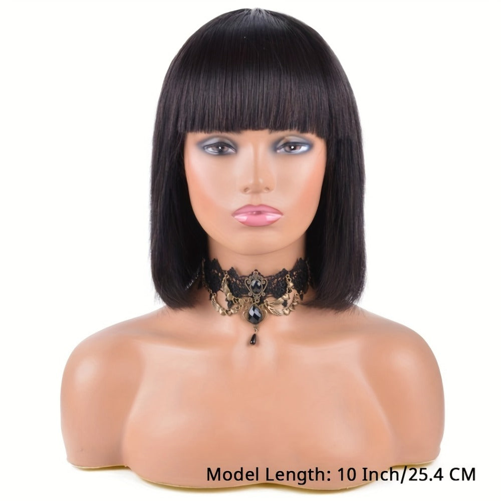Brazilian Human Hair Bob Wig No Glue 200% Density Full Machine Made Straight with Bangs for Women | Natural Black 8 10 12 16 Inch | Glueless Beginner Friendly