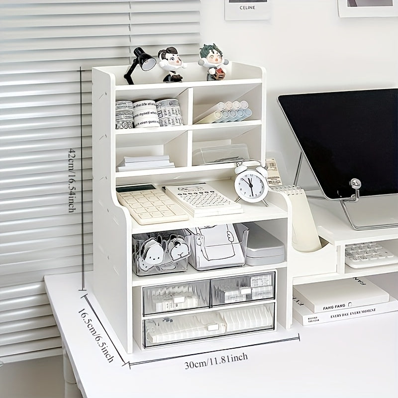 6-Layer Desktop Storage Rack Desk Organizer with File Holder Pen Holder Space-Saving Office Organizer Matte White PVC Stationery Cosmetics Dormitory Bookshelf Partition Box Multiple Sizes