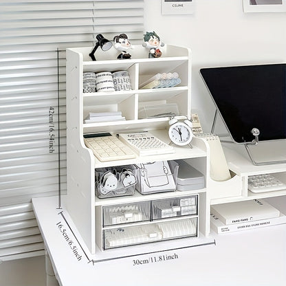 6-Layer Desktop Storage Rack Desk Organizer with File Holder Pen Holder Space-Saving Office Organizer Matte White PVC Stationery Cosmetics Dormitory Bookshelf Partition Box Multiple Sizes