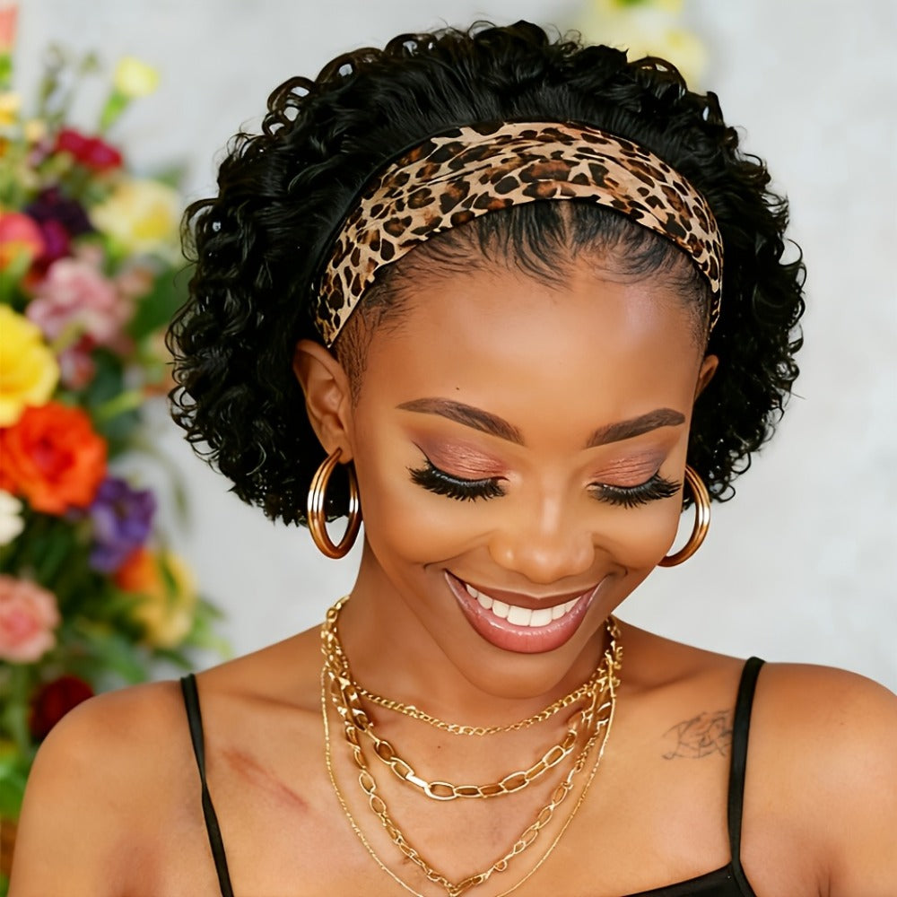 Six-Inch Kinky Curly Headband Wig with Glueless Band in Black, Burgundy or Rust Color Options