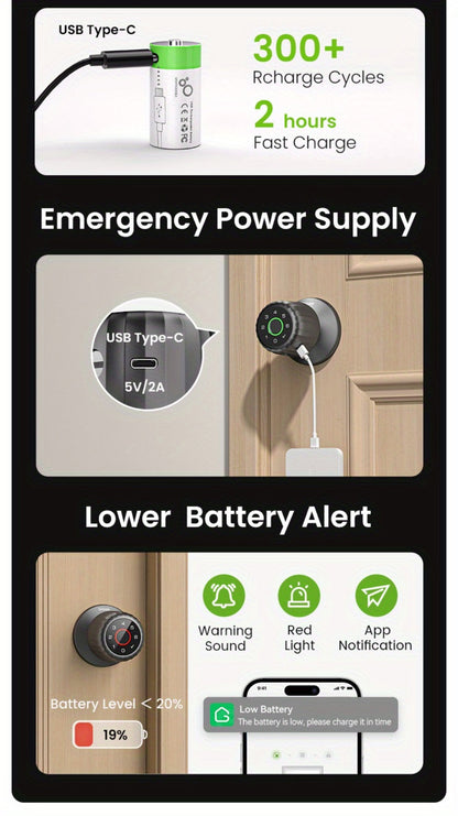 GHome KD03 PRO Smart Door Knob 4-in-1 with USB-C Charging & Gateway Remote - Fingerprint, Keypad & App, Anti-Peep, Tamper Alarm, Emergency Power, Keyless Entry, Black