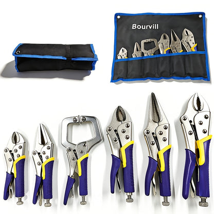 Locking Pliers Set 6pcs Heavy Duty, Includes Needle Nose Pliers 6.5" & 9.5", Curved Jaw Locking Pliers 5" 7" 10", C-Clamp L-Type Pliers with Roll Bag & Ergonomic Metal Handles for Auto, DIY & Workshop