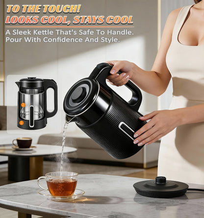Electric Kettle 1.7L 1000W Double-Wall Stainless Steel with LED Indicator and 360-Degree Base