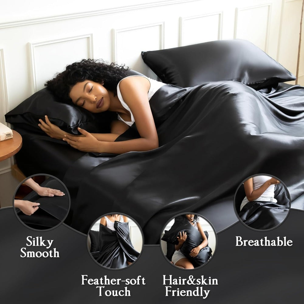 Satin Bed Sheets Set 2100TC Ultra Soft 3/4pcs – Silky Smooth Breathable Satin Bedding for Twin Full Queen King, 5-Star Luxury Hotel Experience, Solid Color, 7 Colors Available