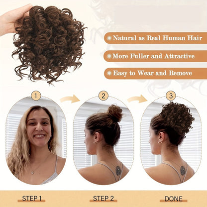 Drawstring Curly Bun Hairpiece Clip In Loose Messy Updo Hair Extension 10 Inch – Thick Voluminous Fake Bun Ponytail Wrap for Women Brown Dark Blonde All Hair Types No Heat