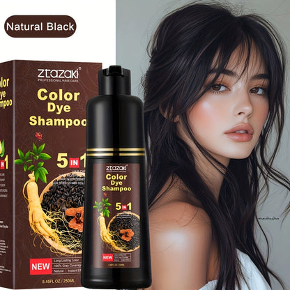 Hair Color Shampoo, ZTAZAKI 5-in-1 250ml Bottle with Six Black, Coffee and Brown Color Options