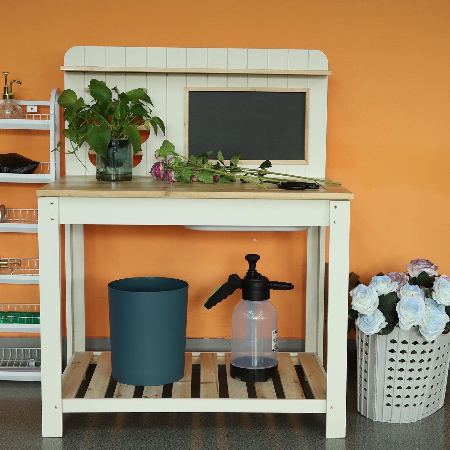 Potting Bench Table Cedar Wood Garden Workstation with Blackboard Removable Sink Hooks Double Shelf for Patio Balcony Courtyard Outdoor Planting Work Bench